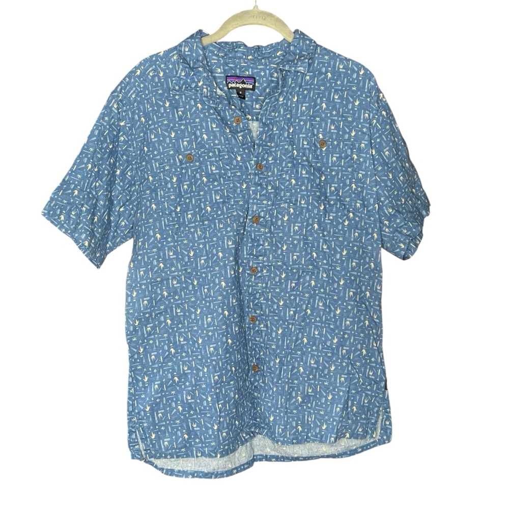 Patagonia Men’s Medium Hemp Short Sleeve Button Up Blue Geometric